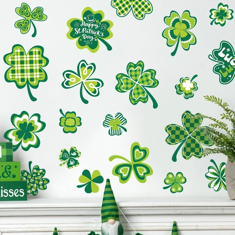 St Patricks Day Window Stickers Green Shamrock Clover Wall Decals PVC Self Adhesive Holiday Festive Home Decoration