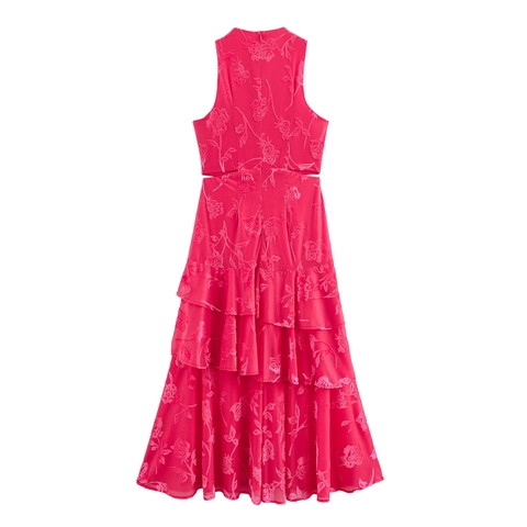 Elegant Sleeveless Maxi Dress Rose Flower Jacquard Waist Cutout Ruffle Tiered Hem Sweet Vacation Style For Women