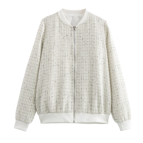 Women Tweed Jacket Zip Up With Sequins Ribbed Trim Elegant Casual Long Sleeve White Coat