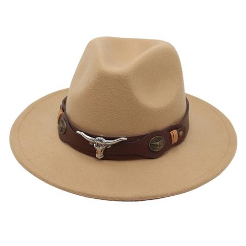 Western Cowboy Fedora Hat Felt Wide Brim With Faux Leather Belt Metal Bull Head Longhorn Decoration