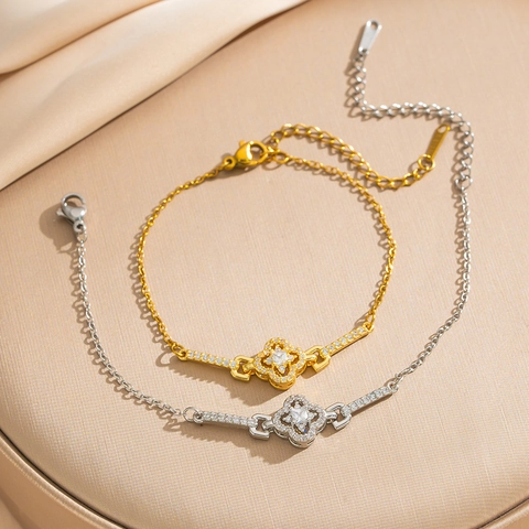 Pulsera De Trébol De Cuatro Hojas De La Suerte Cobre Chapado En Oro Circonita Cúbica Joyería Floral Para Mujer Ajustable