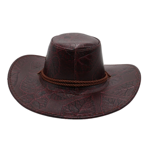 Western Cowboy Hat Faux Leather Leaf Embossed Vintage Retro Jazz Cap With Braided Rope And Strap Sun Protection Unisex