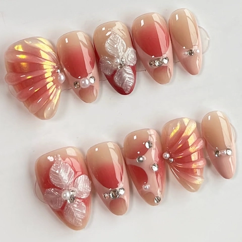 Glossy Gradient Pink Press On Nails 3D Flower Artificial Pearl Rhinestone Long Almond Artificial Fingernails With Adhesive Tabs And File