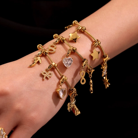 Fashion Stainless Steel Charm Bracelet 18K Gold Plated With Zircon Heart Star Infinity Pendants Adjustable For Women