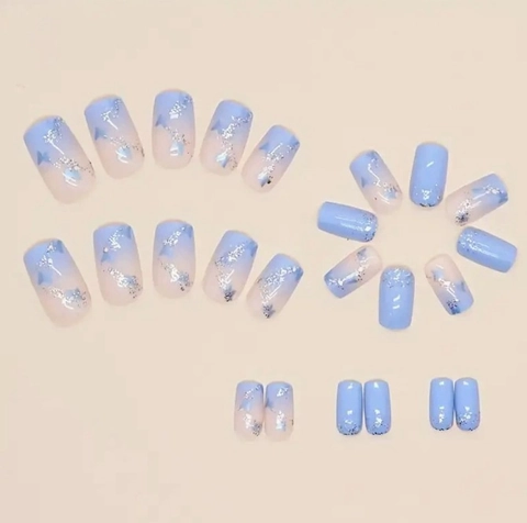 Press On Nails Blue Pink Gradient Butterfly Pattern Square Head False Nails Silver Glitter Sweet Style For Women