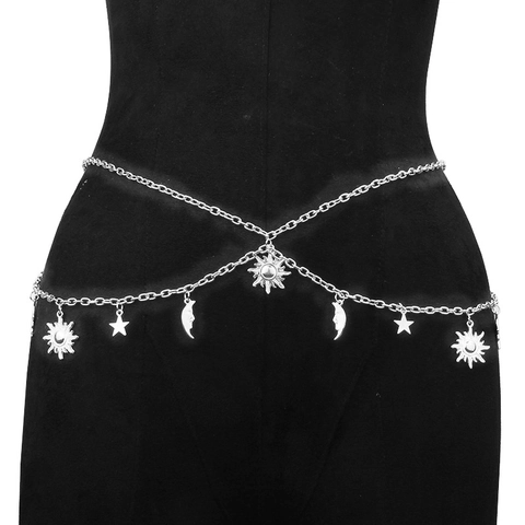 Women Multi Layer Chain Belts Alloy Metal Star Moon Sun Pendants Sexy Waist Body Chain Fashion Jewelry Accessory