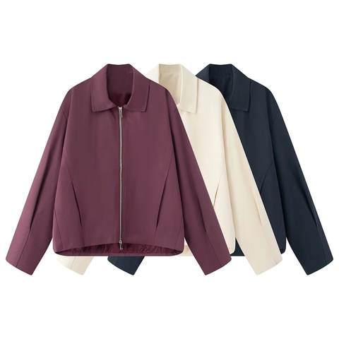 Women's Casual Lightweight Jacket Zip Up Lapel Collar Long Sleeve Solid Color Oversized Outerwear Coat For Spring Autumn