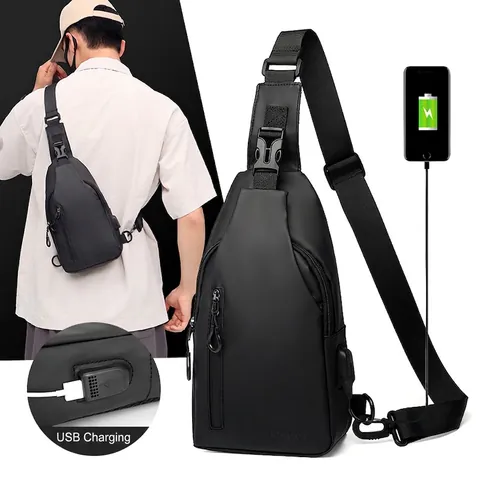 Bolso de Pecho Impermeable para Hombre Gran Capacidad Bandolera Con Puerto de Carga USB Viaje Deporte Exterior