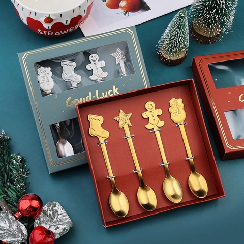 Weihnachts Kaffeelöffel Und Gabeln 410 Edelstahl Dessert Rühren Besteck Cartoon Anhänger Feiertags Geschenkbox