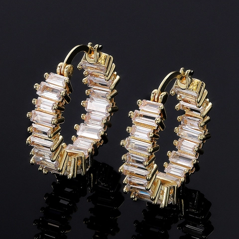Hoop Ohrringe Glänzendes Kupfer Birne Baguette Zirkonia Luxus Hochzeit Party Schmuck Für Damen