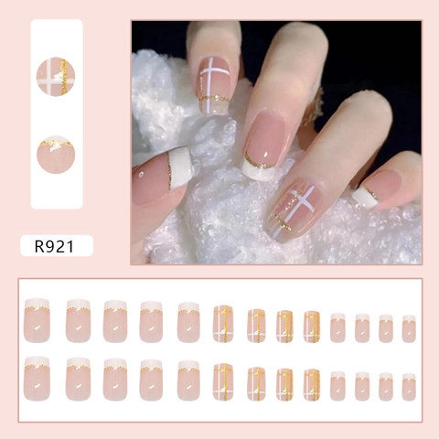 Französische Nude Pink Press On Nails Goldglitzer Weißes Karomuster Glänzend Elegant ABS Künstliche Fingernägel