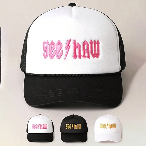 Yeehaw Bestickte Trucker Hat Y2K Stil Mesh Back Polyester Atmungsaktiv Gebogener Schirm Verstellbarer Snapback Cap Damen