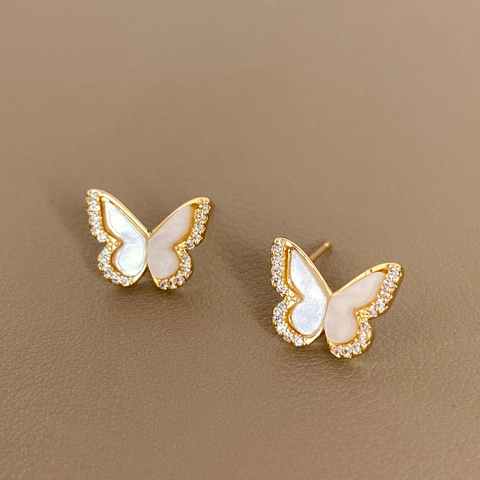 Pendientes de Botón de Mariposa Blanca Dulce Micro-Incrustado Cobre Bañado en Oro Con Poste de Plata Ley 925 Joyería de Strass para Mujer