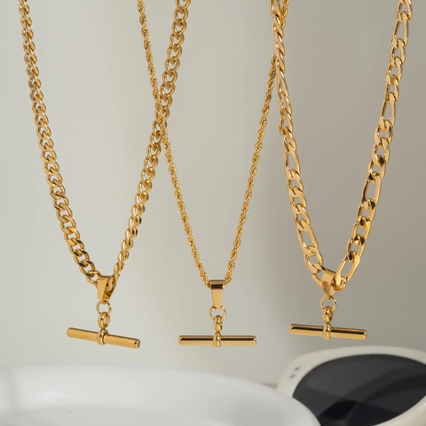 Stainless Steel T-bar Pendant Necklace Gold Plated Figaro Curb Rope Chain Jewelry For Women Waterproof
