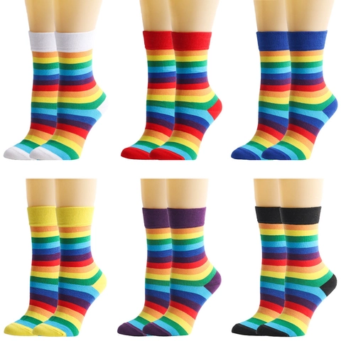 Rainbow Striped Crew Socks Cotton Spandex Elastic Colorful Casual Party Mid Tube Novelty Fashion Unisex