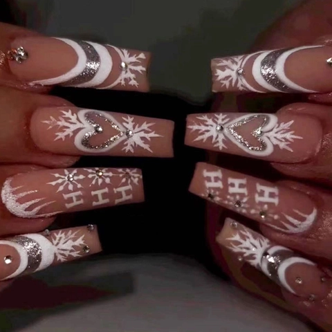 Uñas Postizas De Navidad De Forma Cuadrada Larga Copo De Nieve Blanco Corazón Pedrería Purpurina Rosa