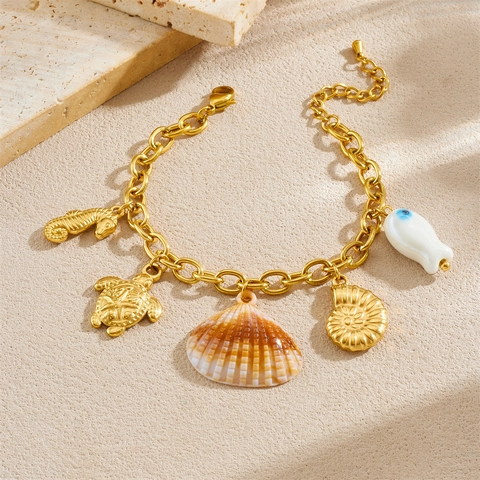 Pulsera De Amuletos De Acero Inoxidable Bañada En Oro Océano Tortuga Marina Caballito De Mar Concha Ojo Playa
