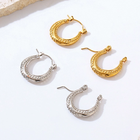 Creolen Van 18K Verguld Roestvrij Staal Getextureerde Ronde Geometrische Patronen Retro Chique Trendy Sieraden Minimalistisch