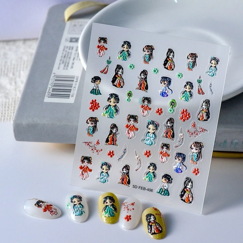 5D Geprägte Nagelkunst Aufkleber Selbstklebend Chinesischer Stil Hanfu Cartoon Mädchen Blumenmuster DIY Maniküre Abziehbilder