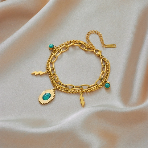 Bracciale A Doppia Catena Acciaio Inossidabile Placcato Oro 18K Turchese Ciondoli Fulmine Vintage Bohemian Donna