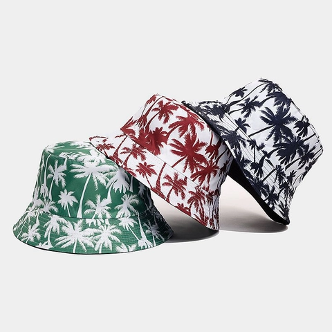 Bucket Hat Polyester Reversible Palm Tree Print Sun Protection Summer Beach Outdoor Travel Fashion Casual For Unisex