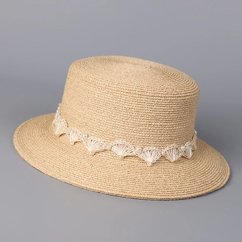 Französischer Stil Boater Hut Damen Raffia Stroh Sonnenhut Mit Spitze Häkeln Und Künstliche Perle Eleganter Breiter Rand Sommer Strand