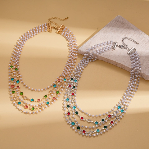 Collier Multicouche Baroque Vintage Faux Künstliche Perle Künstliche Perles De Verre Colorées Alliage Chaîne De Pull Pour Femmes Bijoux Élégants