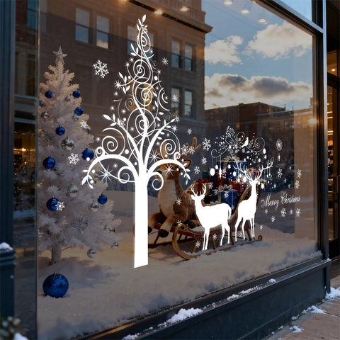 Christmas Window Clings White Reindeer Snowflake Tree Static Stickers PVC Double Sided Glass Door Decals Holiday Decor