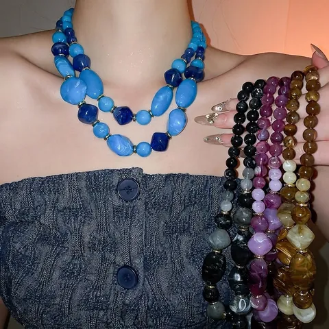 Double Layer Acrylic Resin Beaded Necklace Irregular Geometric Statement Chunky Fashion Jewelry For Women Clavicle Chain