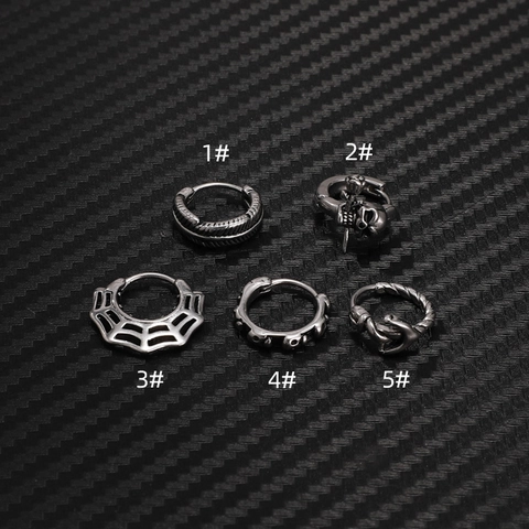 Punk Gothic Stainless Steel Skull Hoop Earrings For Men Women Vintage Silver Feather Spider Web Small Ear Studs Jewelry