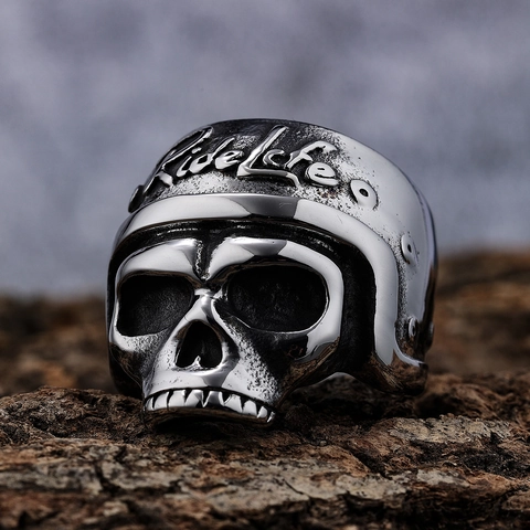 Skull Biker Helmet Ring Stainless Steel Ride Life Engraved Oxidized Gothic Punk Rock Jewelry