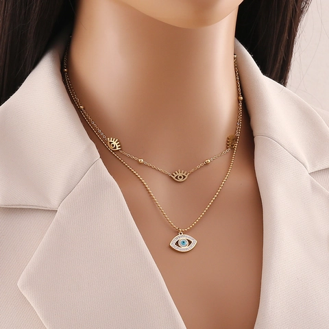 Collier Multi-Rangs Œil Du Diable Acier Inoxydable Plaqué Or Zircone Pendentif Cœur Bijoux Pour Femmes Cadeau Tendance
