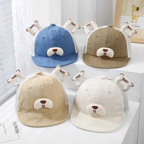 Cappello Da Baseball Neonato Cotone Poliestere Mesh Traspirante Cartone Animato Orso Orecchie Naso Ricamo Sole Estate