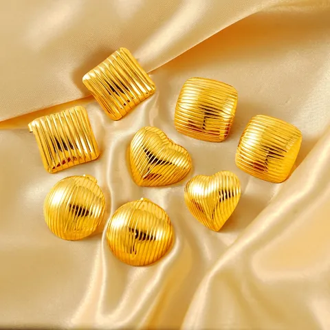 18K Gold Plated Stainless Steel Stud Earrings For Women Ribbed Geometric Heart Round Square Minimalist Vintage Jewelry