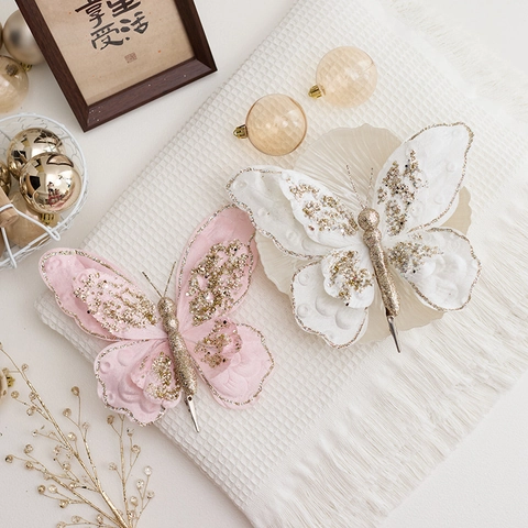 Glitter Double Layer Butterfly Christmas Tree Ornaments With Metal Clips Velvet Cloth Flowers Festive Party Wedding Decor