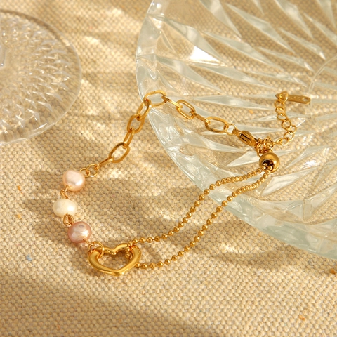 Vintage Herz Anhänger Künstliche Perlenarmband Edelstahl Doppelketten Verstellbarer Modeschmuck Für Damen