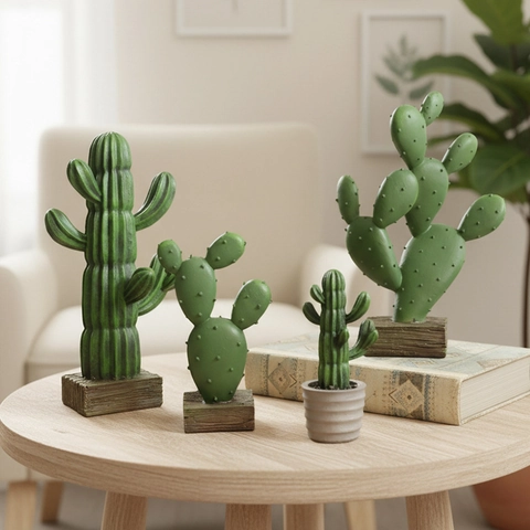 Ornamenti Cactus Artificiali Statuette Scrivania Resina Base Finto Legno Nordico Creativo Casa Ufficio Soggiorno Decor