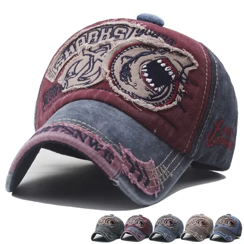 Cappello Da Baseball In Cotone Lavato Vintage Distressed Shark Patch Ricamo Retro Regolabile Cappello Da Sole