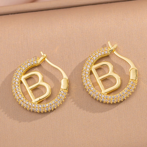 Copper 18K Gold Plated Letter B Hoop Earrings For Women Micro Pave Rhinestone French Style Elegant Round Ear Buckle