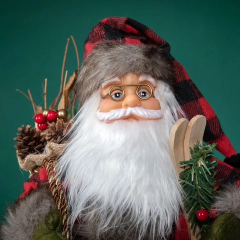 Statuetta Babbo Natale In Piedi Quadri Rossi Tessuto Pelliccia Sintetica Sci In Legno Sacco Di Iuta Decorazione Natalizia Ornamento Festivo