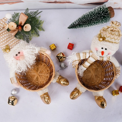 Panier À Bonbons De Noël Père Noël Bonhomme De Neige Peluche Bambou Osier Rangement Décoration De Bureau Cadeau