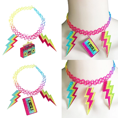 Collar Choker Disco Retro Material Plástico Elástico Degradado Arcoíris Con Colgantes De Radio Cassette Rayo De Purpurina Acrílica