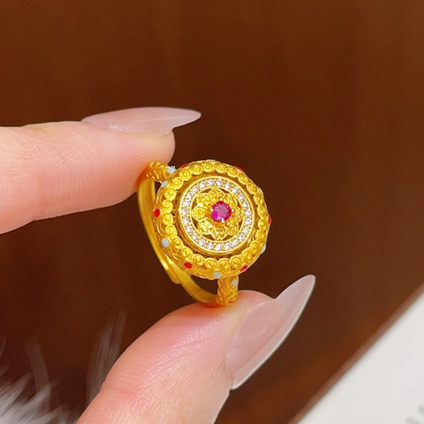 Vintage Ronde Filigraan Ring Koper Verguld Rode Zirkoon Emaille Hol Paleisstijl Verstelbare Sieraden Voor Vrouwen
