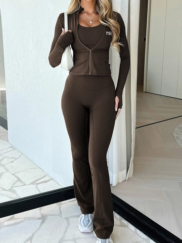 Women Yoga Jacket Vest And Flared Pants Slim Fit Zip Up Stand Collar Thumb Hole Polyester Spandex Activewear Y2K