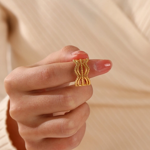 Anillo Abierto Ajustable De Acero Inoxidable Multicapa Ola Línea Geométrica Cuentas Joyería De Moda Para Mujeres Elegante