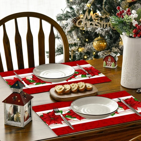 Sets De Table Noël Polyester Isolant Thermique Résistant Aux Taches Poinsettia Rouge Décoration De Table Fête
