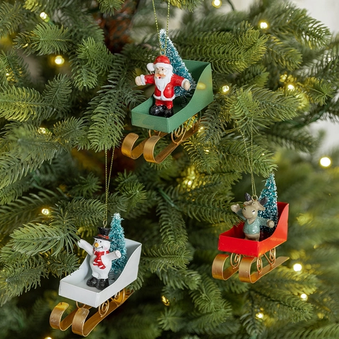 Weihnachts Schlitten Ornamente Eisen Harz Weihnachtsmann Rentier Schneemann Miniatur Baum Festliche Dekoration