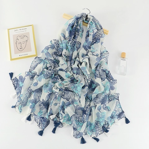 Butterfly Floral Print Scarf Lightweight Polyester Shawl With Tassels For Women Sunscreen Vacation Wrap