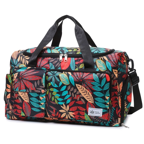 Bolso De Viaje Con Estampado De Hojas Tropicales Gran Capacidad Tela Oxford Impermeable Separación Seco Húmedo Gimnasio