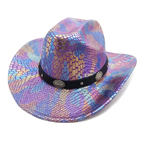 Western Cowboy Hat Holographic Snakeskin Pattern Metallic Shiny Polyester Festival Carnival Party Hat For Men Women